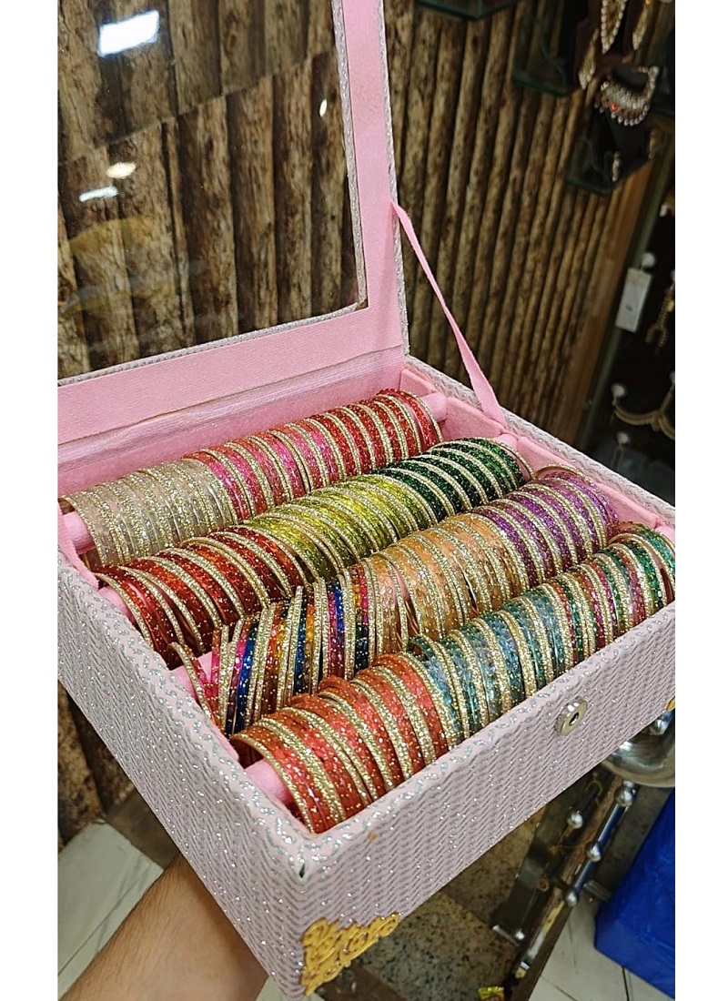 New Fancy Rain Drop Glass Bangles Set With Shadow Stone Combo Box